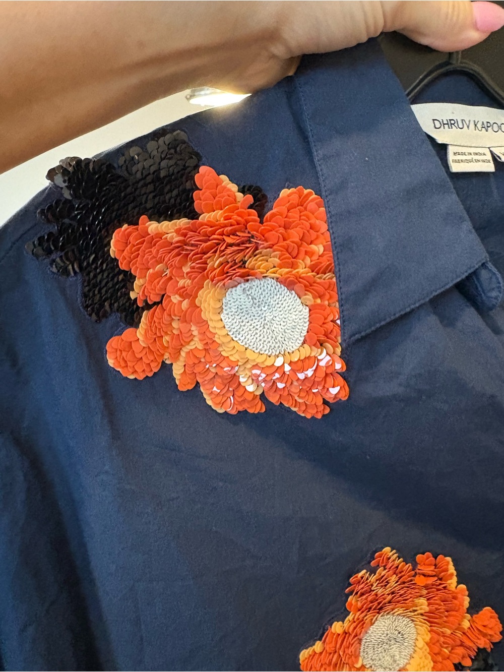 Anthropologie Dhruv Kapur Navy Shirt with Orange Sequin Floral Detail XS cotton